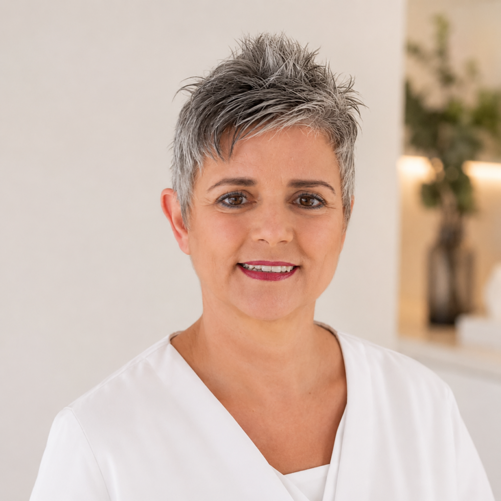 Hautexpertin Ligia Correia, Gründerin der LC Skin Methode, in einem weißen Kittel in ihrer Praxis für ganzheitliche Hautbehandlungen